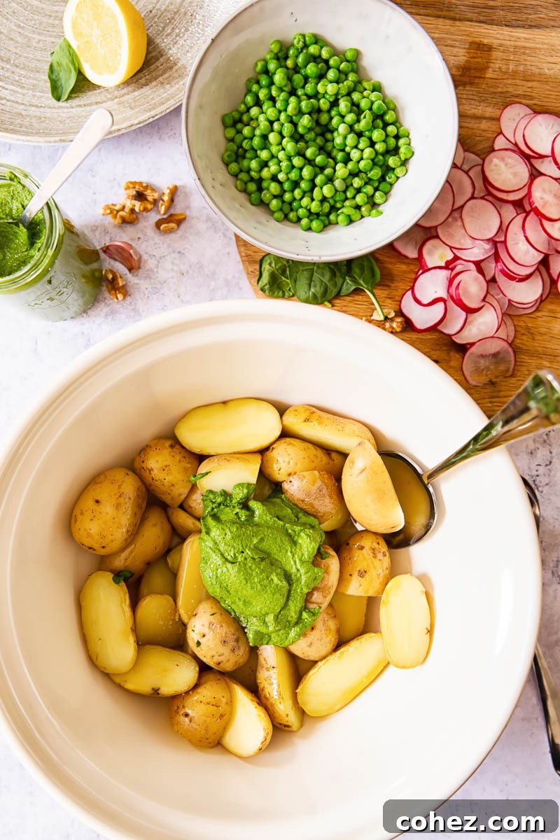 All the fresh ingredients laid out for making the pesto potato salad, including baby potatoes, radishes, peas, spinach, herbs, and bacon.