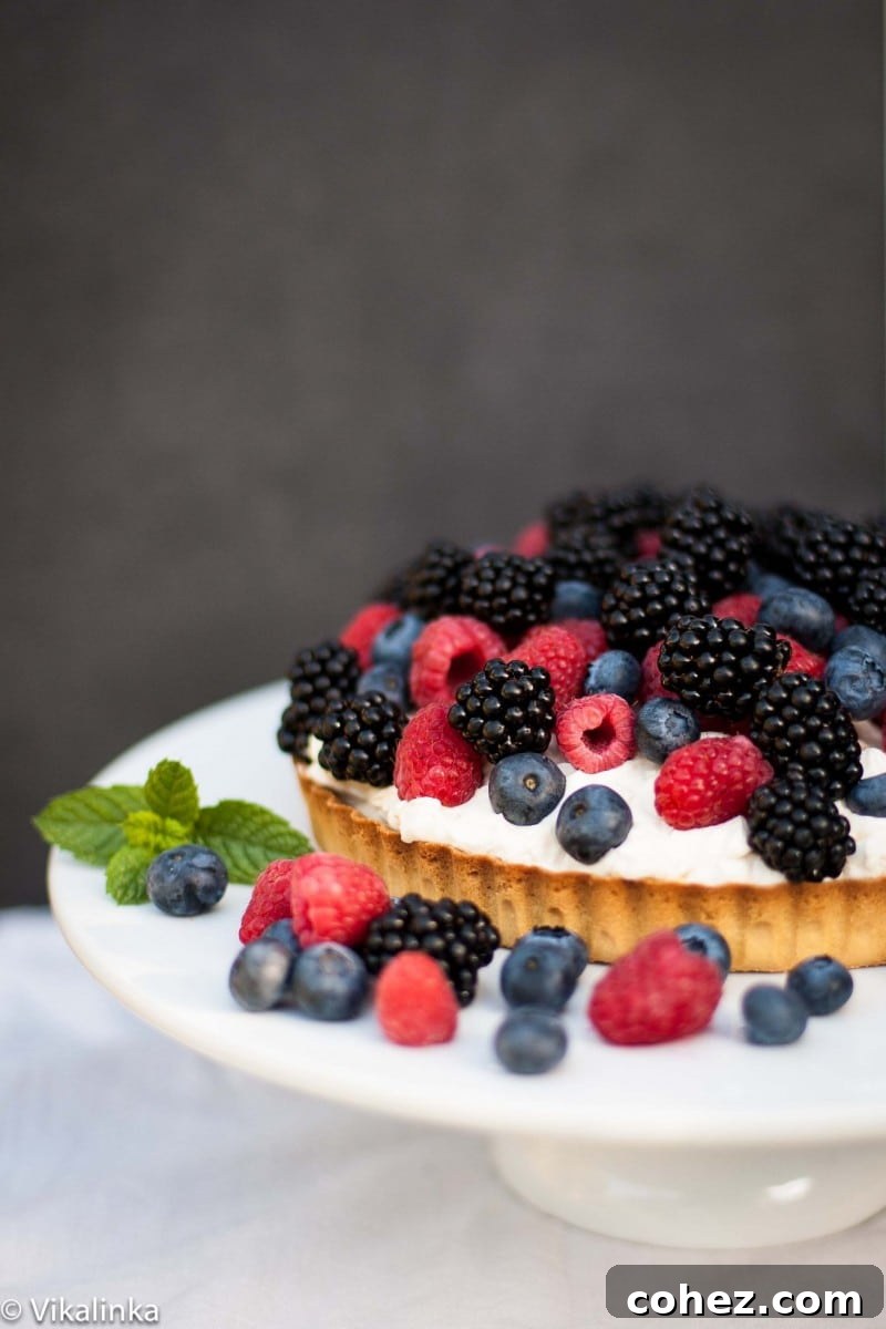 Sweet Summer Berry Bliss 6 Side shot of the completed tart with fresh blueberries, blackberries, and raspberries artfully arranged in the foreground.