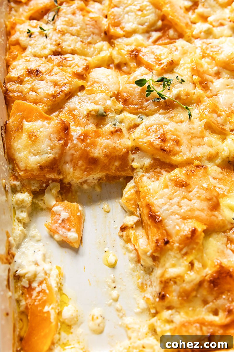 a portion of butternut squash gratin has been removed from a baking dish