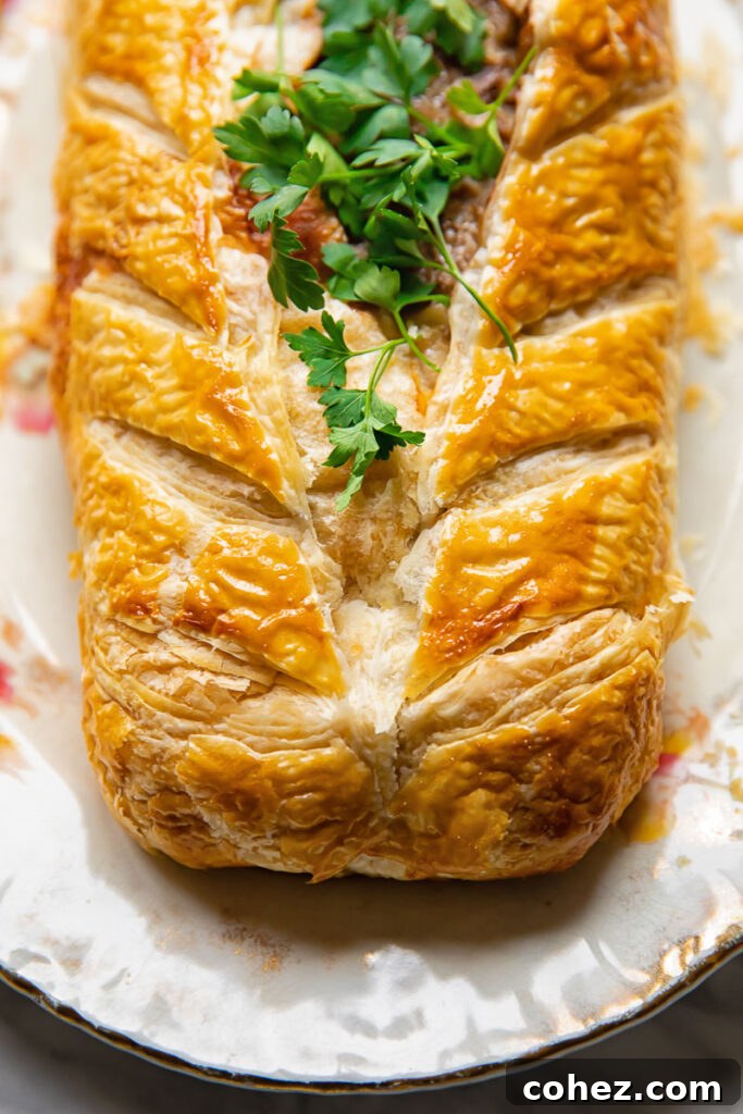 close up of the pastry stuffed with meat with parsley on top