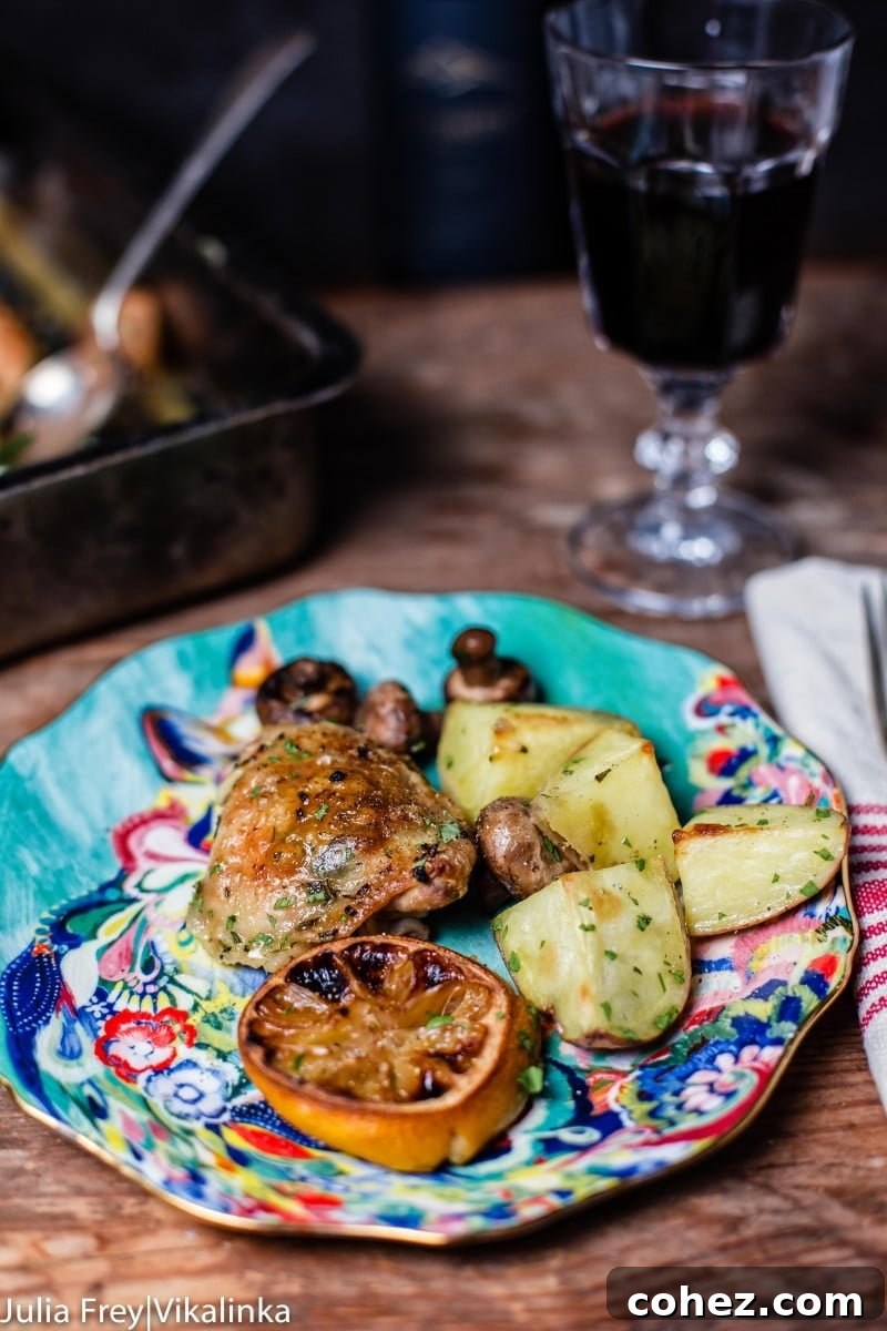 Serving of Rosemary Lemon Chicken and Potatoes on a plate