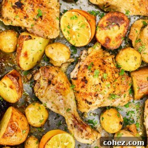 roasted chicken and potatoes with lemon, rosemary and mushrooms
