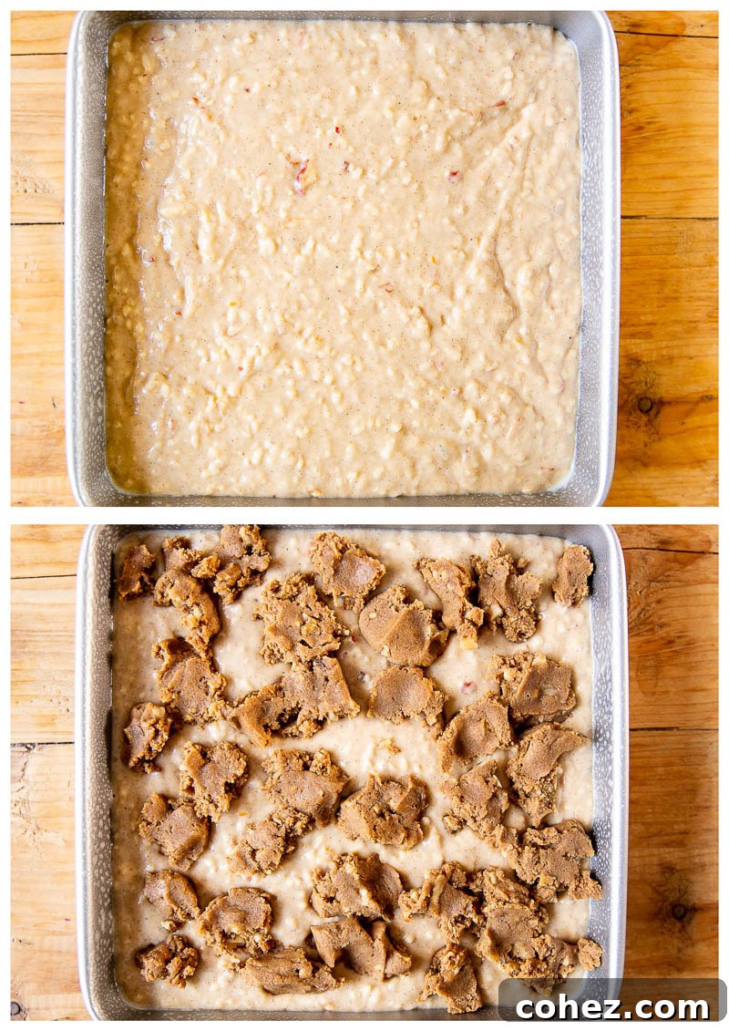 Process shot showing apple spice cake batter in a mixing bowl