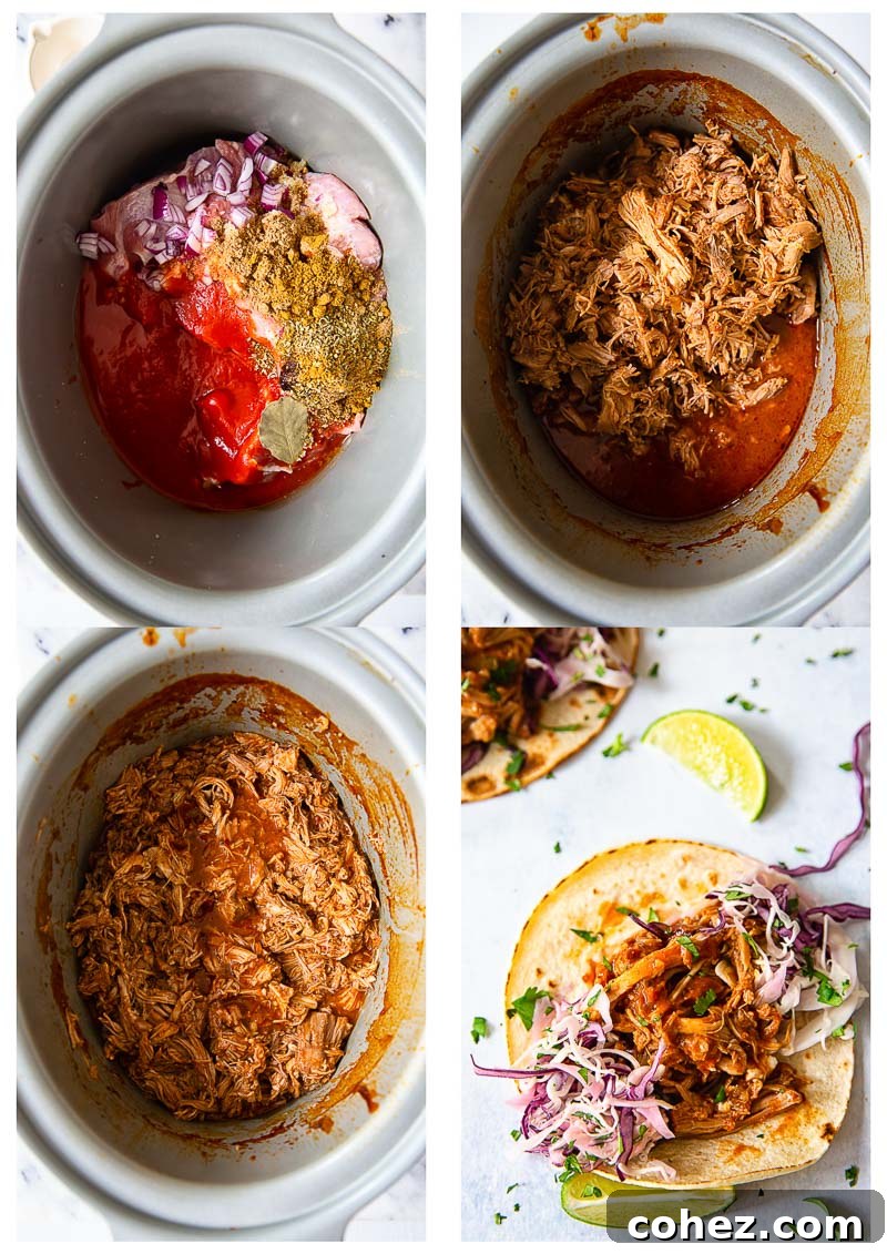 Process images showing slow cooker pulled pork cooking stages