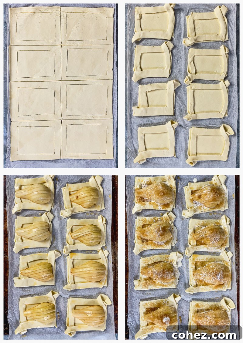 A 4-step image collage illustrating the assembly process of the pear tarts