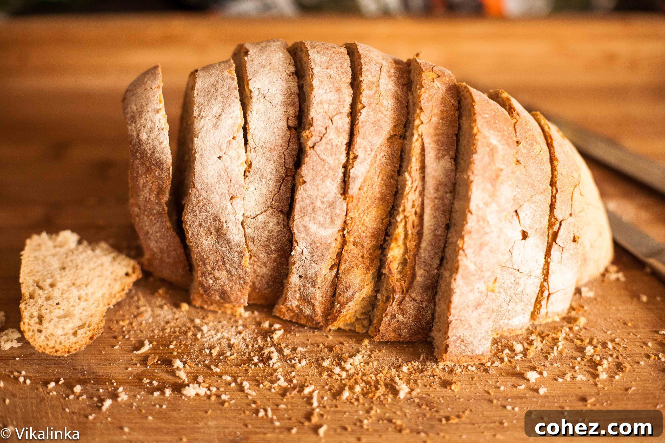 Close-up of rustic sourdough bread slices on a wooden cutting board, prepped for cubing into stuffing.