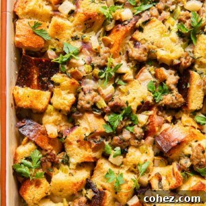 top down view of bread and sausage stuffing