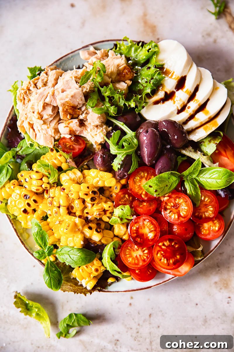 Close-up of Italian Corn and Tuna Salad showcasing fresh ingredients and dressing