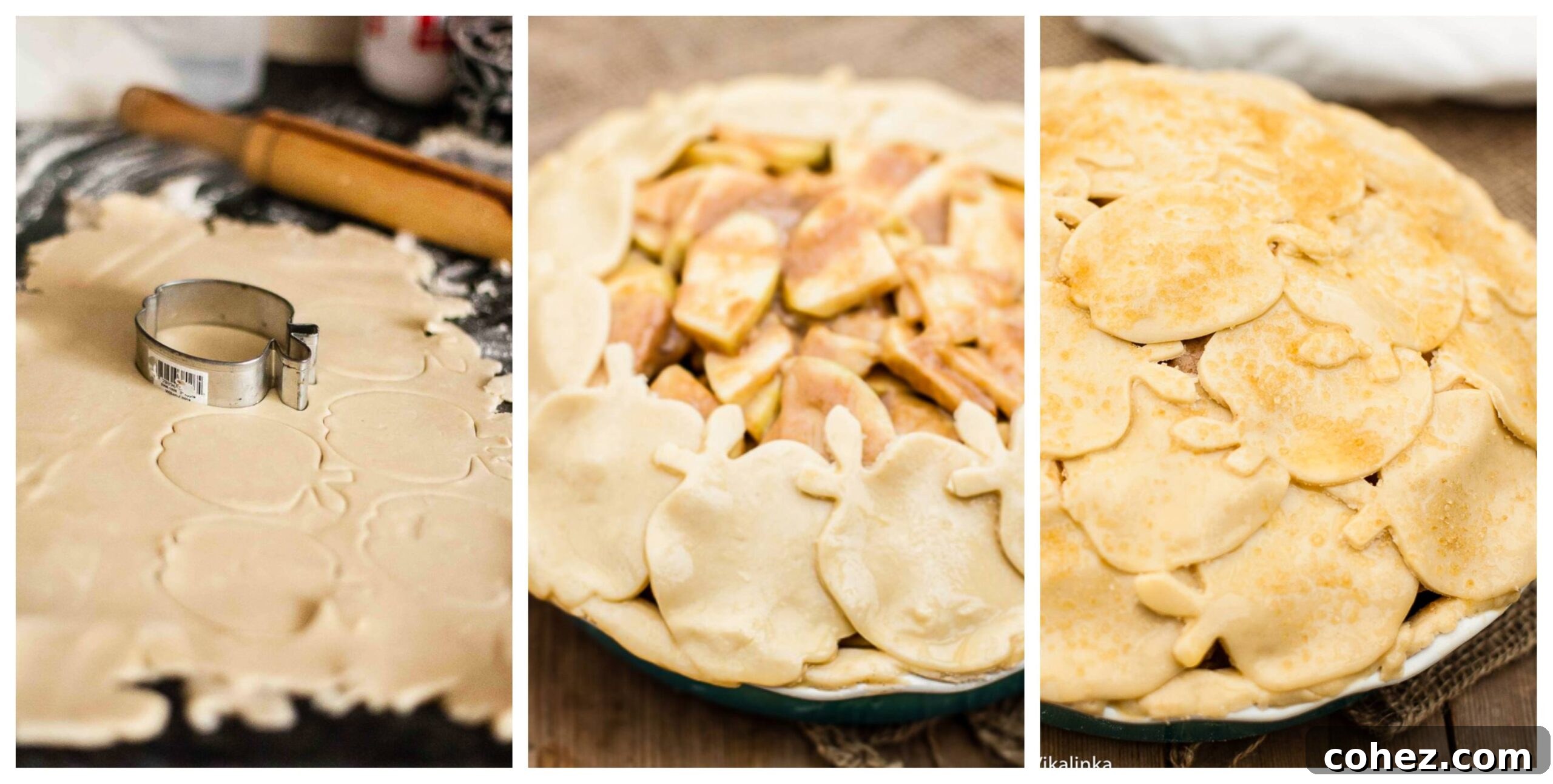 Three step-by-step process images demonstrating how to arrange the mini apple cutouts to form the decorative top crust of the pie.