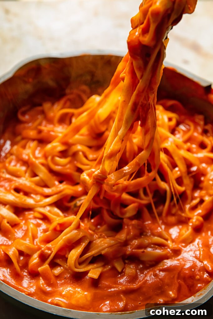 strands of tagliatelle and mozzarella pulled from a pan