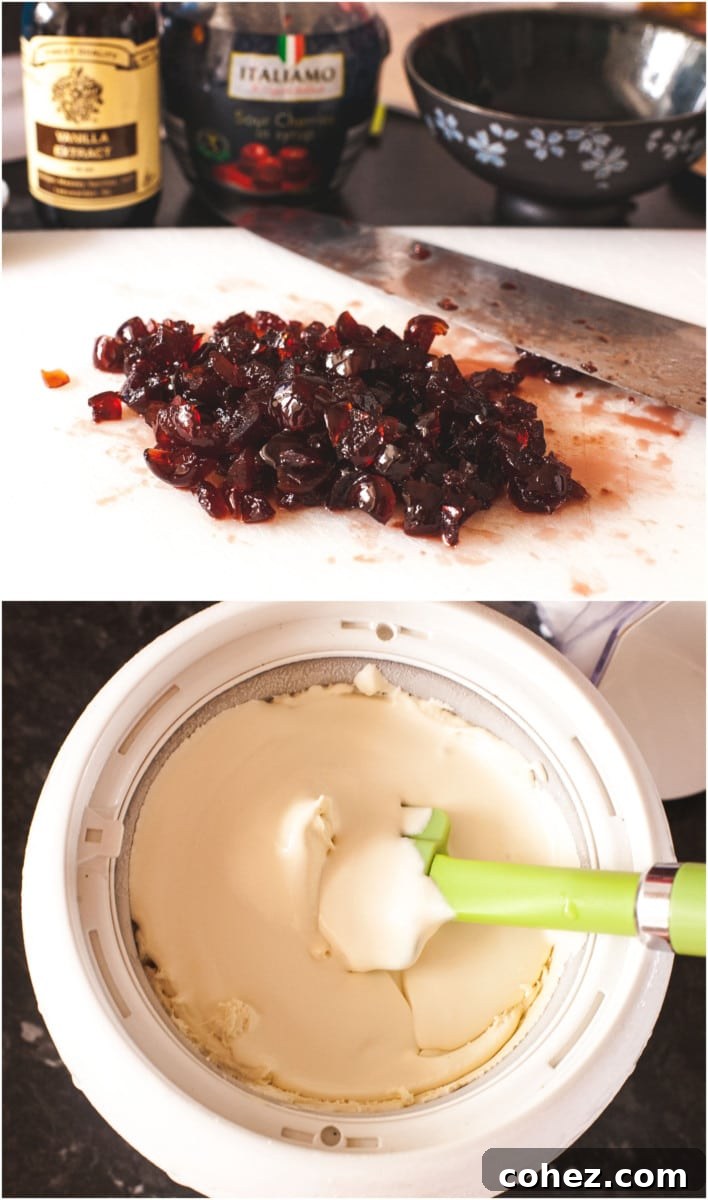 Process shots showing chopped Amarena cherries ready to be folded into the creamy vanilla base, and a bowl of the whipped cream mixture.