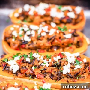Deliciously prepared stuffed squashes with a turkey and wild rice filling.