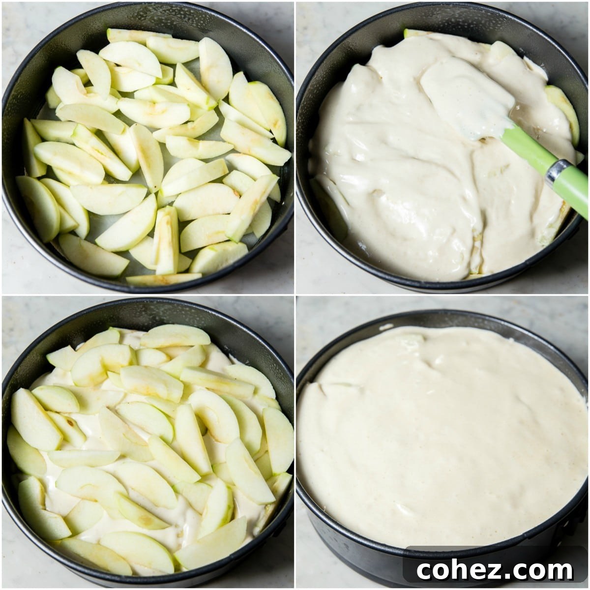 Classic Apple Sharlotka 5 Process shot showing sliced apples arranged in a buttered and floured baking dish before the batter is added.