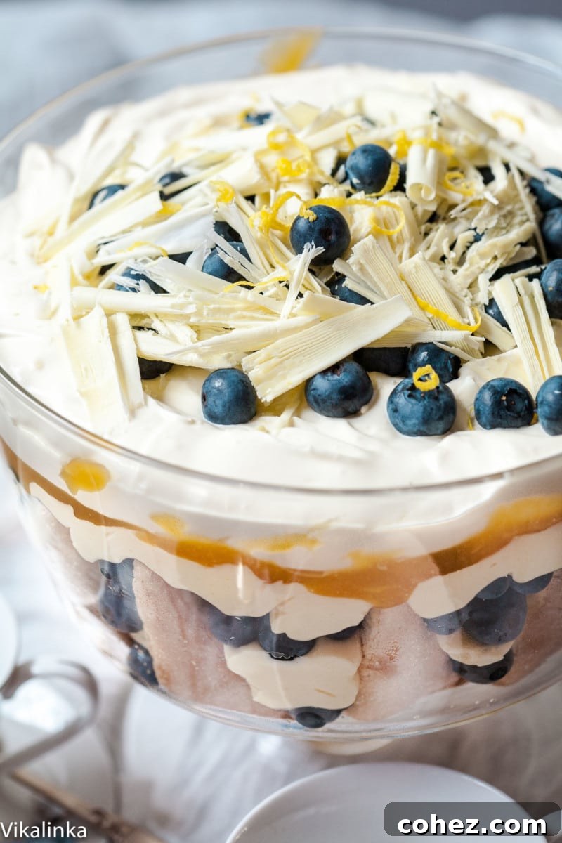 Close-up of a lemon blueberry trifle, generously topped with fresh blueberries and delicate shavings of white chocolate.