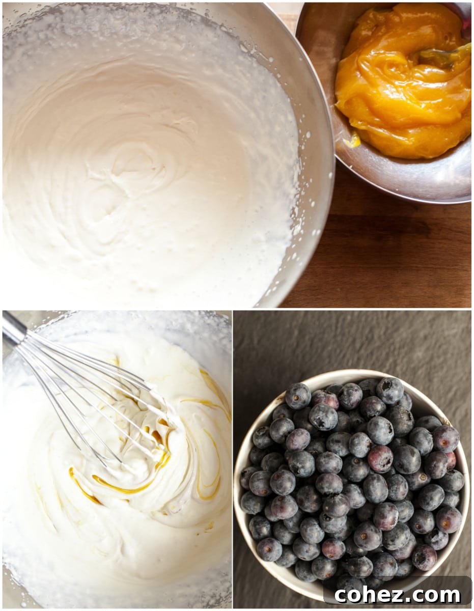 A collage showing the key ingredients of the trifle: fluffy whipped cream, vibrant lemon curd, and fresh, ripe blueberries, ready for layering.