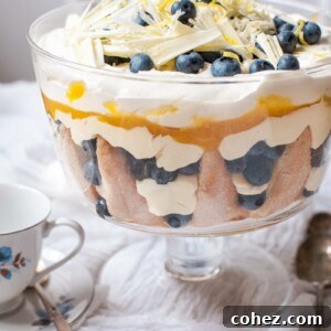 Blueberry Lemon Trifle on a table covered with white cloth and a white and blue teacup