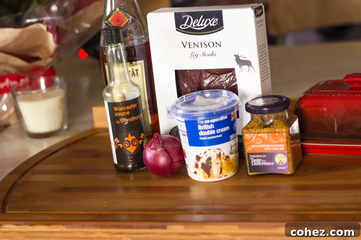 Ingredients for Steak Diane including venison, onion, garlic, and sauces