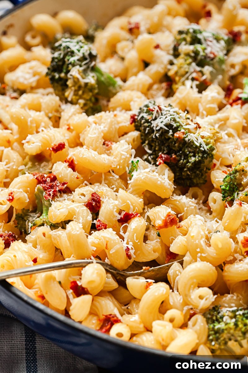 Delicious pasta with broccoli and sun-dried tomatoes served in a pan, ready to eat