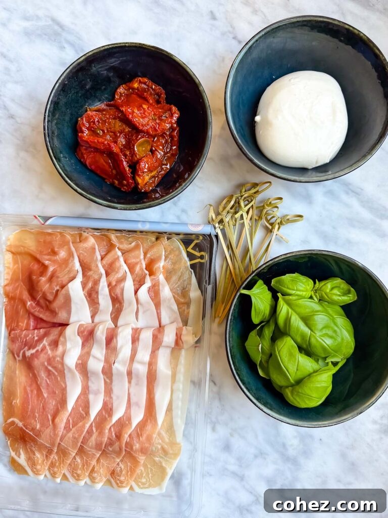 ingredients for prosciutto caprese bites