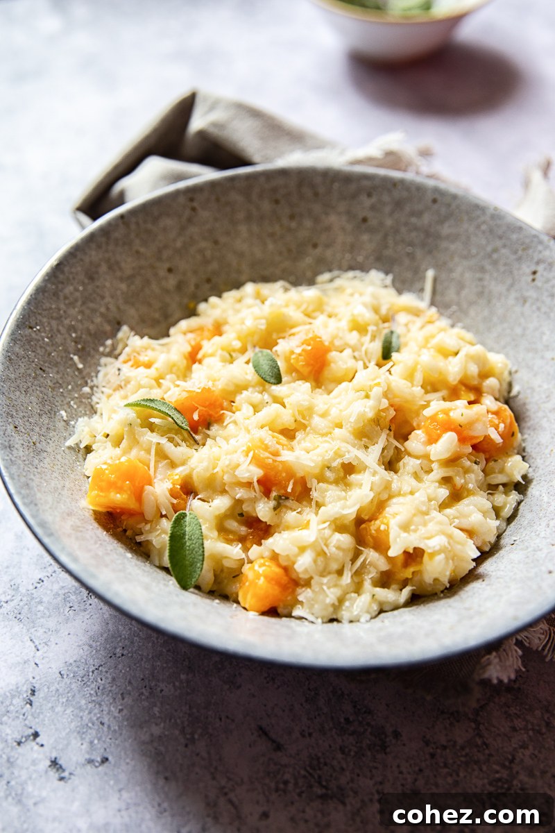 Side shot of Butternut Squash Risotto in a bowl, showcasing its creamy texture and vibrant color.