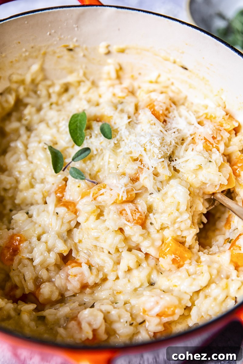 Close up of Butternut Squash Risotto cooking in a pan, showing the rice absorbing liquid and becoming creamy.