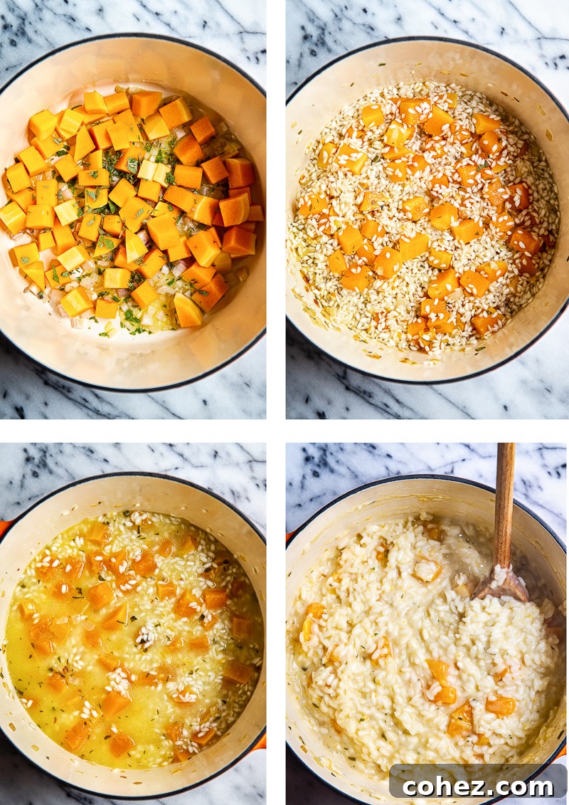 Process shot showing assembly of the butternut squash risotto recipe in a pot, step-by-step.