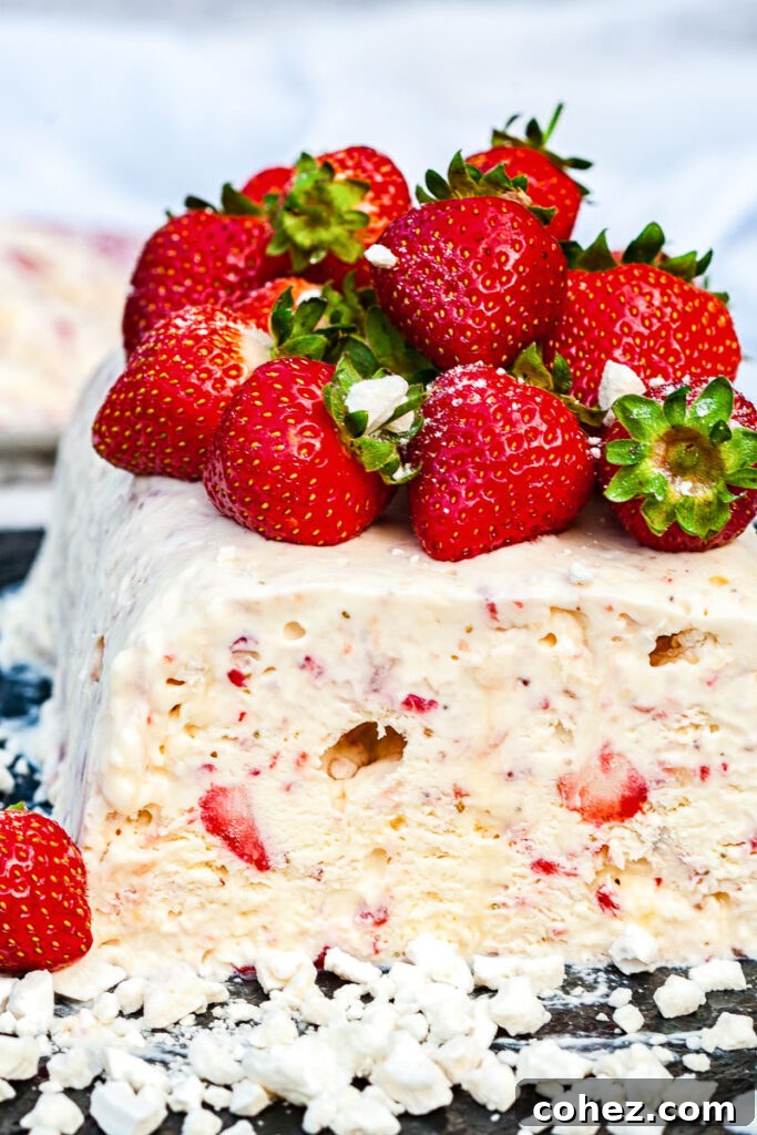 Side view of semifreddo with strawberries on top and inside