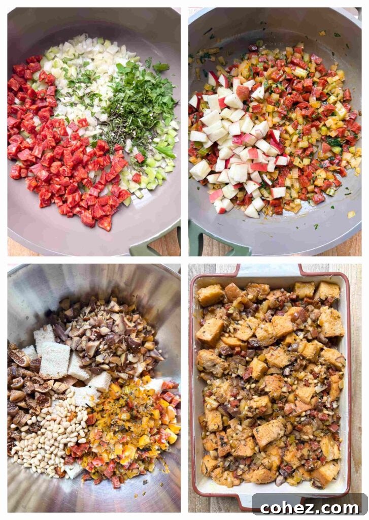Process shots of stuffing ingredients being combined and fried before being baked together in a dish, showing the preparation stages.