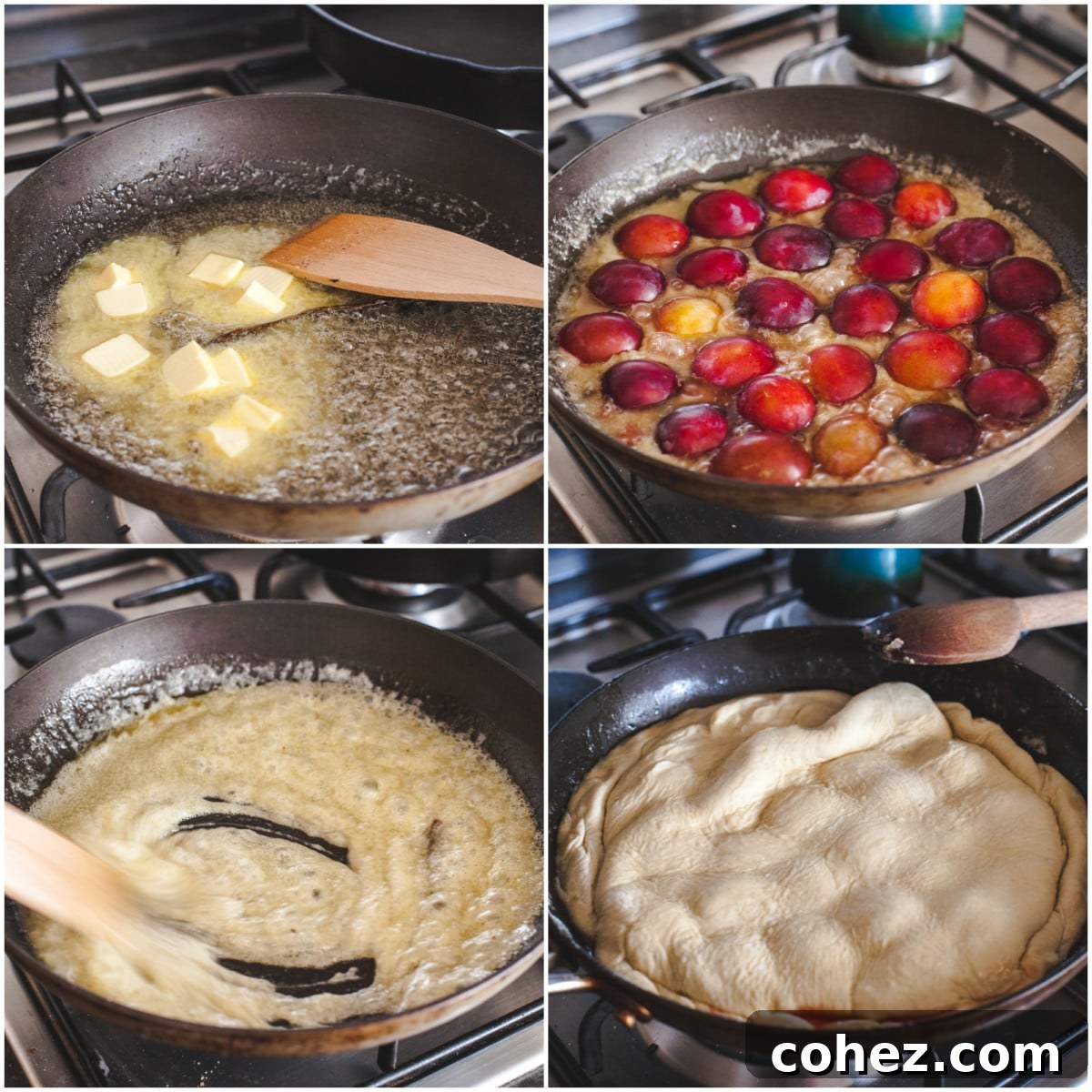 A collage showing four stages of making Plum Tarte Tatin, from ingredients to finished tart