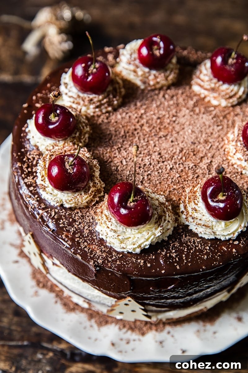 top down view of Black Forest Cake showcasing the ganache, whipped cream, and cherries