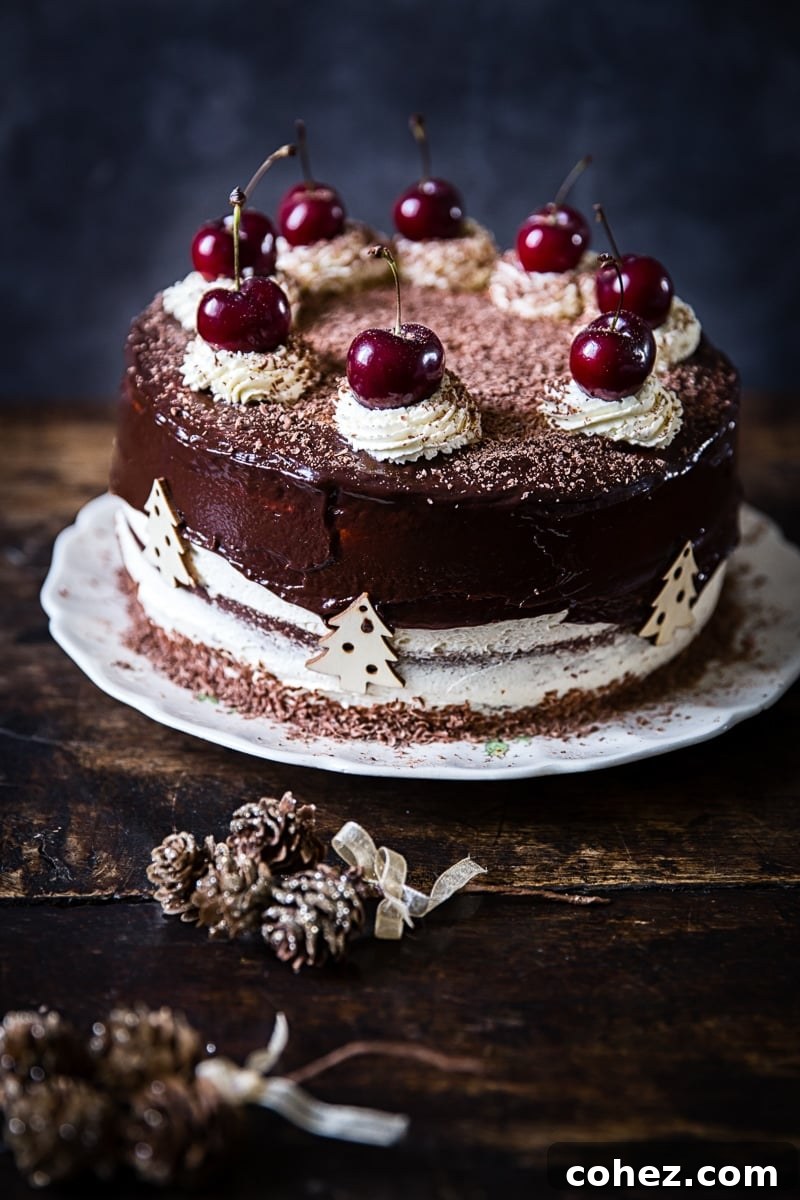 Black Forest Gateau in the background with festive pinecones in the foreground