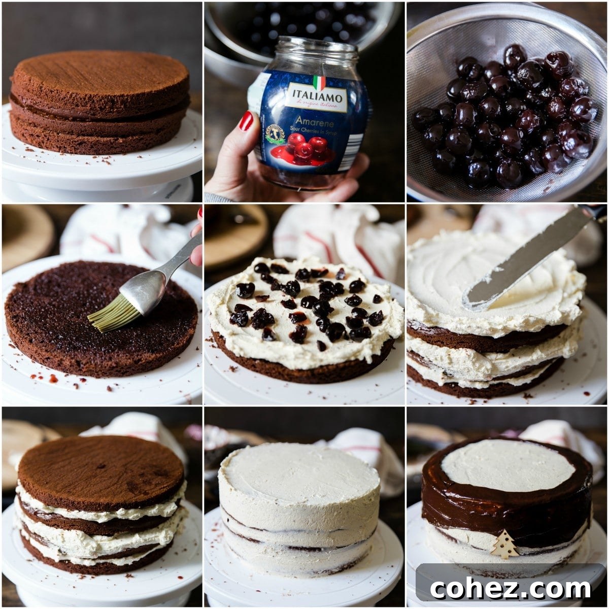 collage of 9 process images of making black forest cake, showing steps from baking to assembly