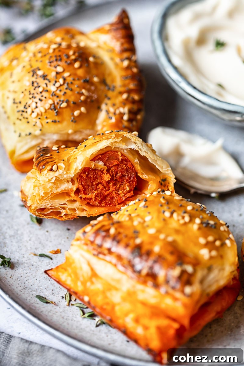 Close up of chorizo rolls with one opened up, revealing the spicy filling