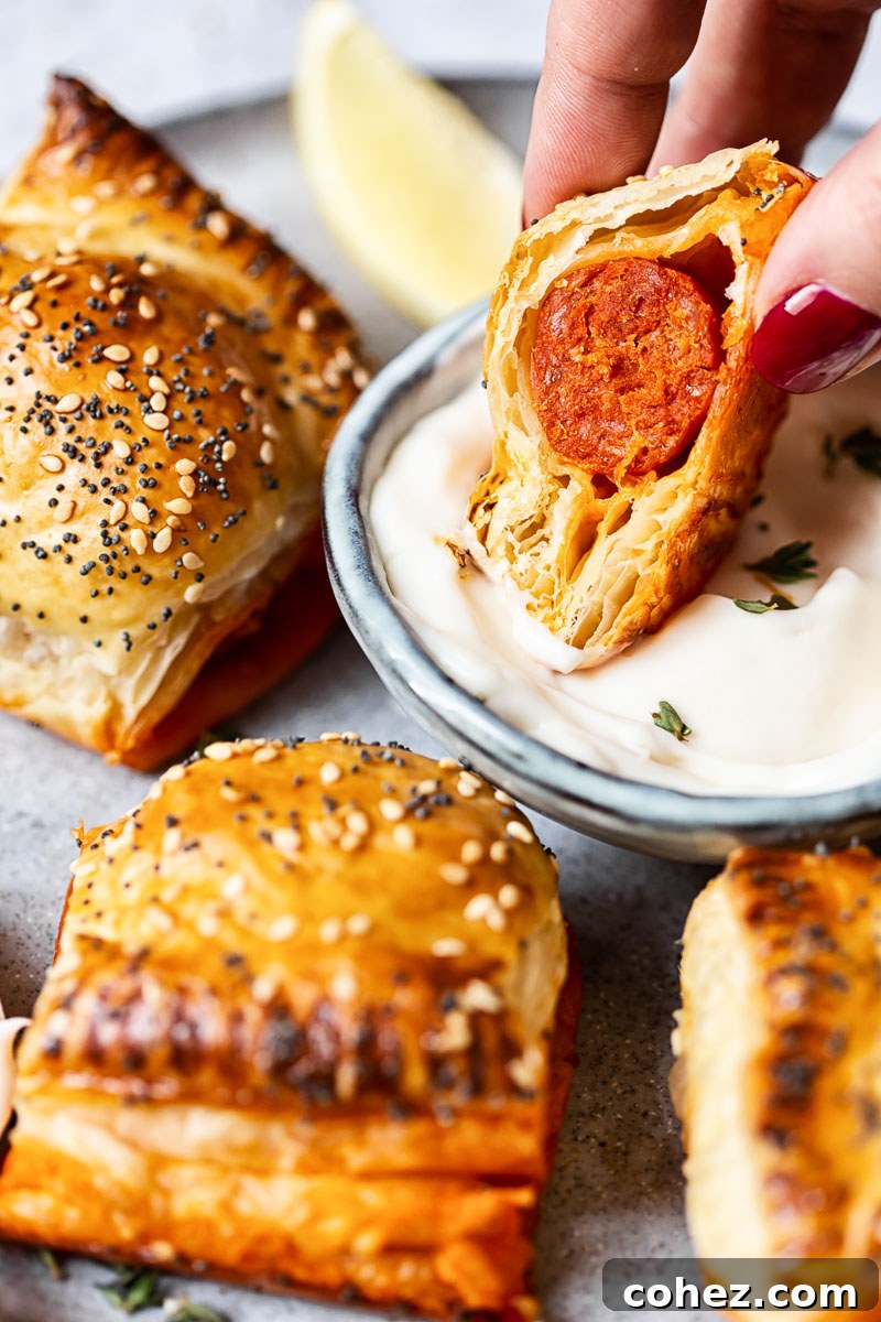 Hand holding a freshly baked chorizo sausage roll