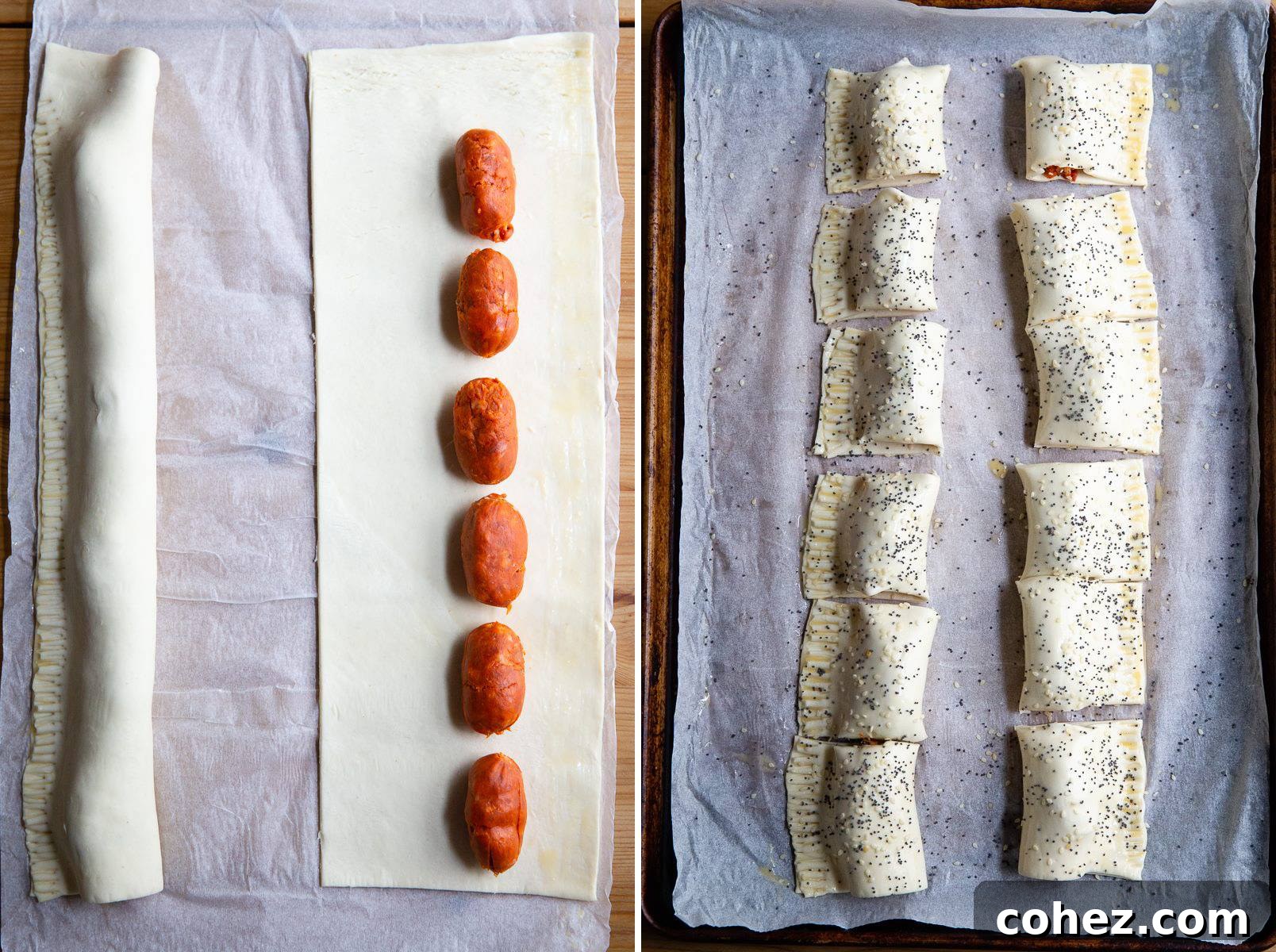 Two images demonstrating the process of assembling chorizo sausage rolls