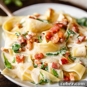 close up of Pappardelle Carbonara with Arugula