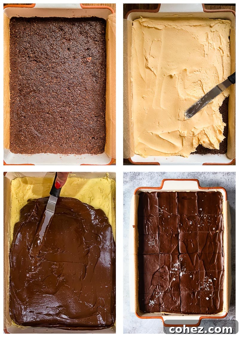 Step-by-step process images for making Nanaimo Bars, showing each layer being added