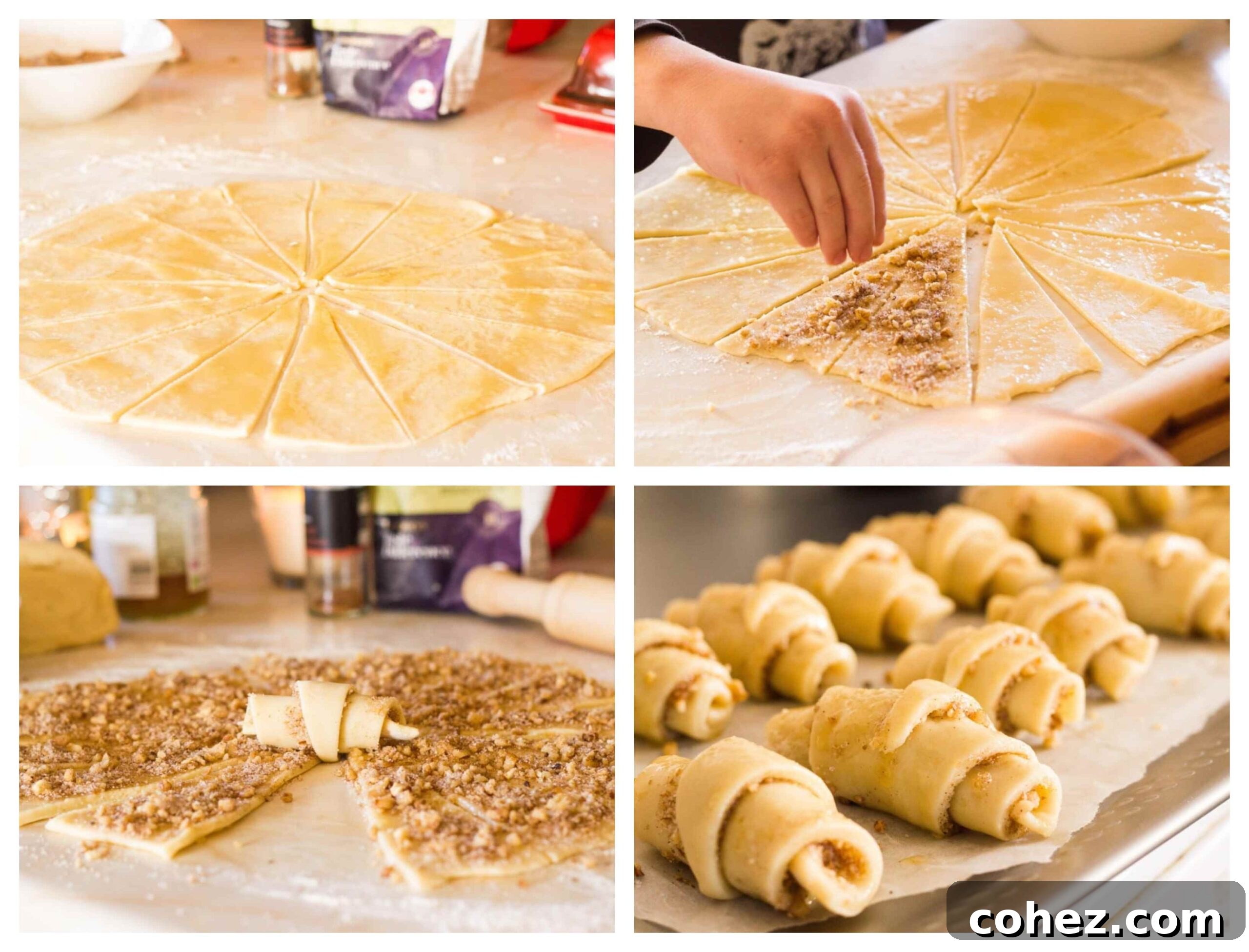 A series of process images showing how to roll and shape rugelach dough with filling