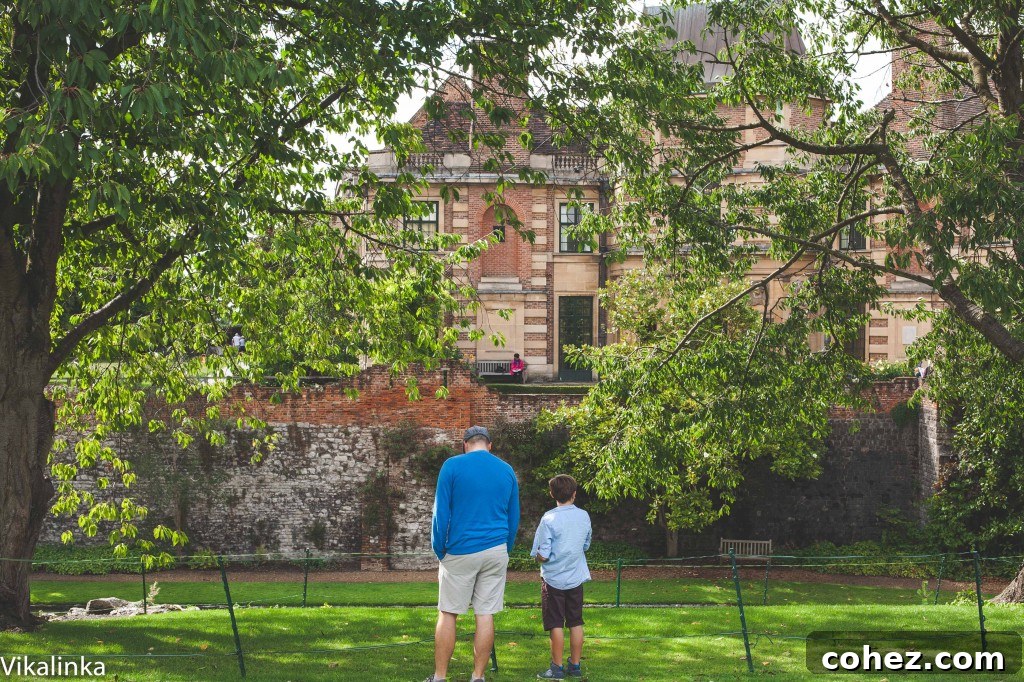 Expansive view of Eltham Palace's beautifully manicured gardens and historical grounds