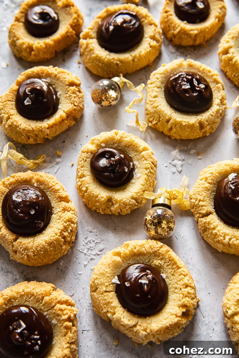 Chocolate Almond Thumbprint Cookies 4 A trio of beautifully crafted almond thumbprint cookies, filled with glistening dark chocolate and sprinkled with sea salt, showcasing their artisanal quality.