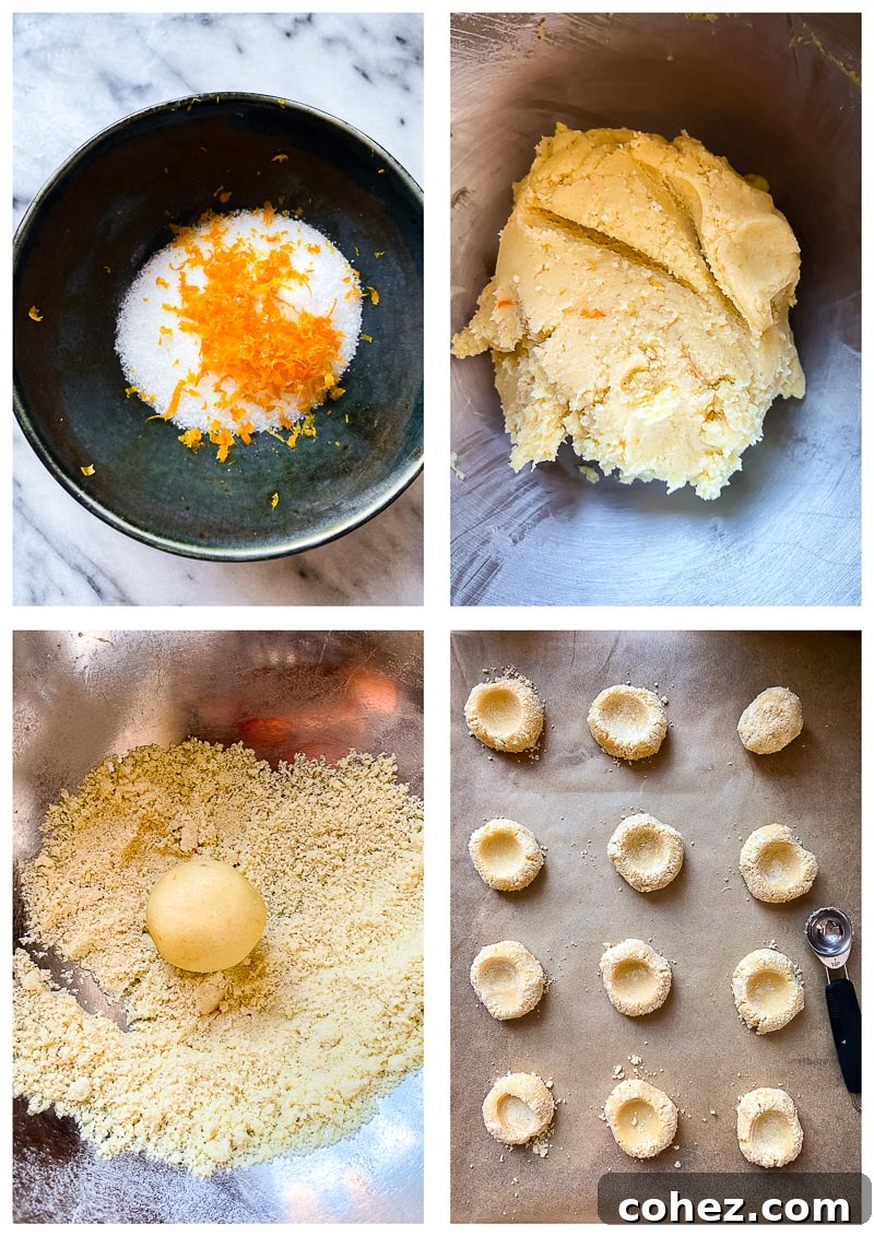 Chocolate Almond Thumbprint Cookies 5 Step-by-step process of making chocolate thumbprint cookies, from dough preparation to shaping and baking.