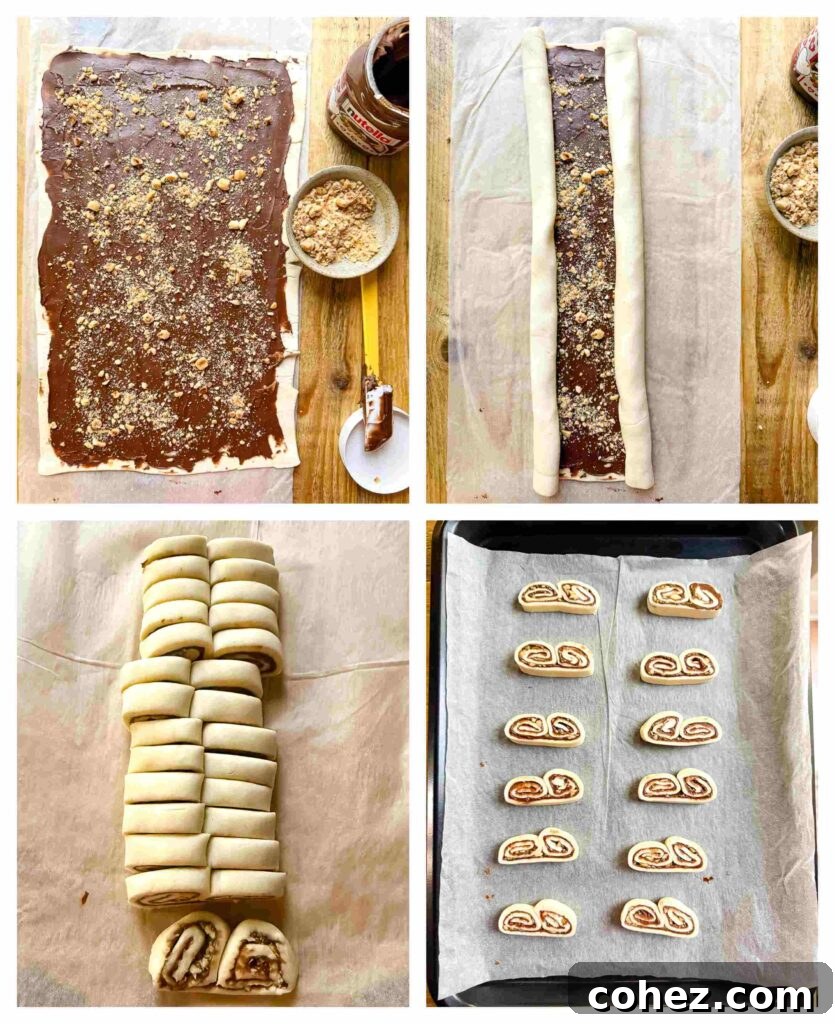Four process shots showing how to assemble chocolate hazelnut palmiers, from spreading Nutella to rolling the pastry.