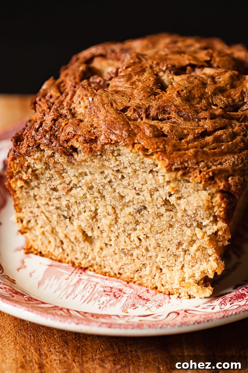 A freshly baked Nutella Banana Bread loaf, with the first slice removed, on a rustic plate.