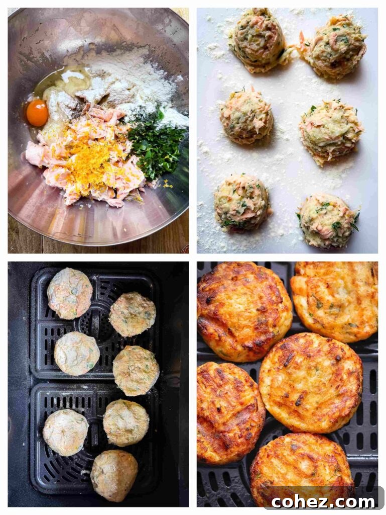 Process shots of salmon cake mixture being combined then rolled into balls before cooked in air fryer
