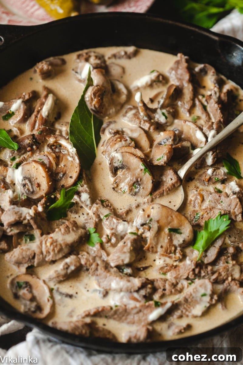 Close-up showing the creamy sauce and heaps of tender mushrooms in Beef Stroganoff.