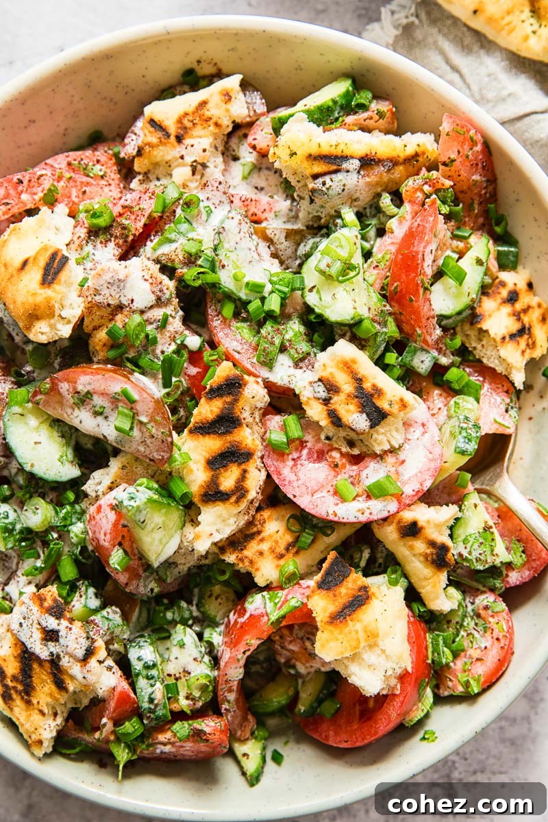 Crisp & Tangy Middle Eastern Fattoush 2 Fresh Fattoush Salad with ripe tomatoes, crisp cucumbers, and torn grilled pita bread in a rustic bowl.