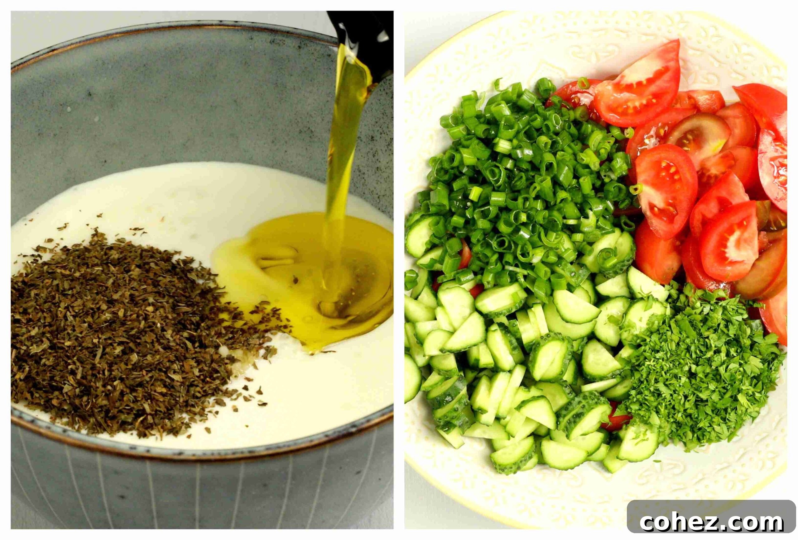 Crisp & Tangy Middle Eastern Fattoush 4 A series of images showing the preparation process of Fattoush salad, from chopping vegetables to mixing the dressing.
