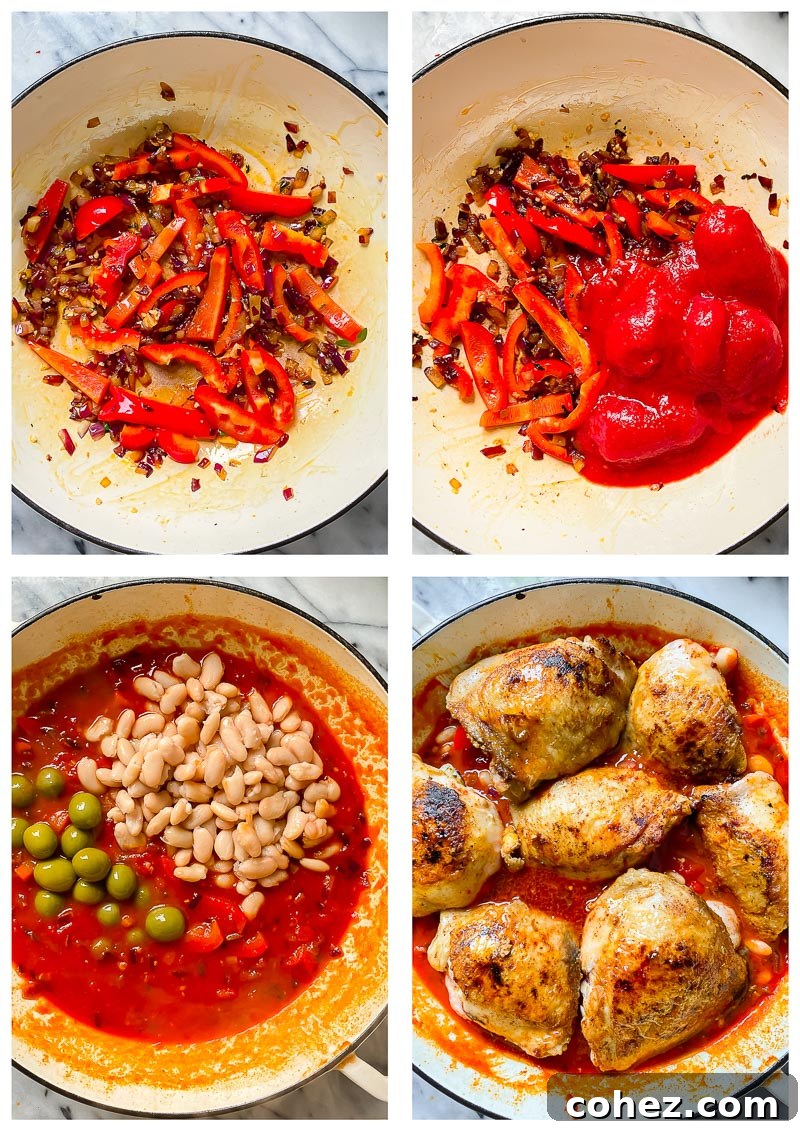 Step-by-step images of Spanish chicken recipe preparation