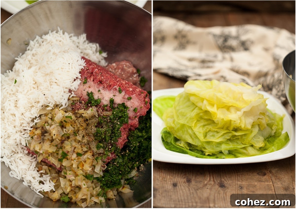 Grandma's Authentic Golubtsi Cabbage Rolls 3 Preparing the Cabbage Rolls filling: a vibrant mix of ground meat, rice, onions, carrots, and fresh parsley in a large bowl, ready for stuffing.