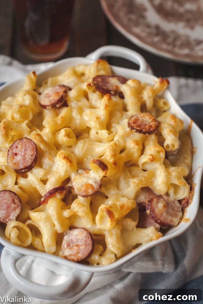 Serving dish with baked mac and cheese, ready to be enjoyed.